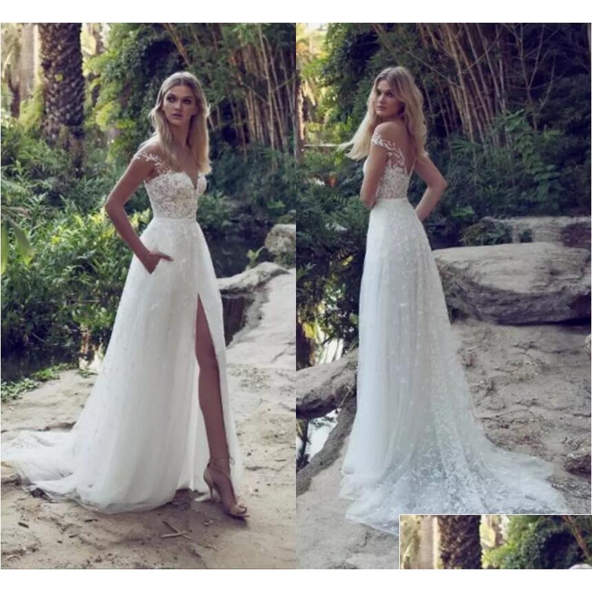 

A-Line Wedding Dresses Limor Rosen Latest Illusion Off Shoder Sweep Train Backless Garden Beach Bridal Gowns Lace Applique A Line Dr Dhwn6, Pink