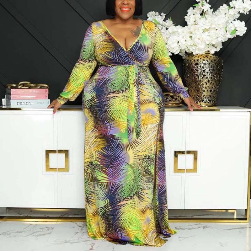 

Plus Size Dresses For Women 4XL 5XL 2022 Autumn Full Sleeve V Neck High Waisted Floor Lenght Elegant Evening Night Party Big, Color 3