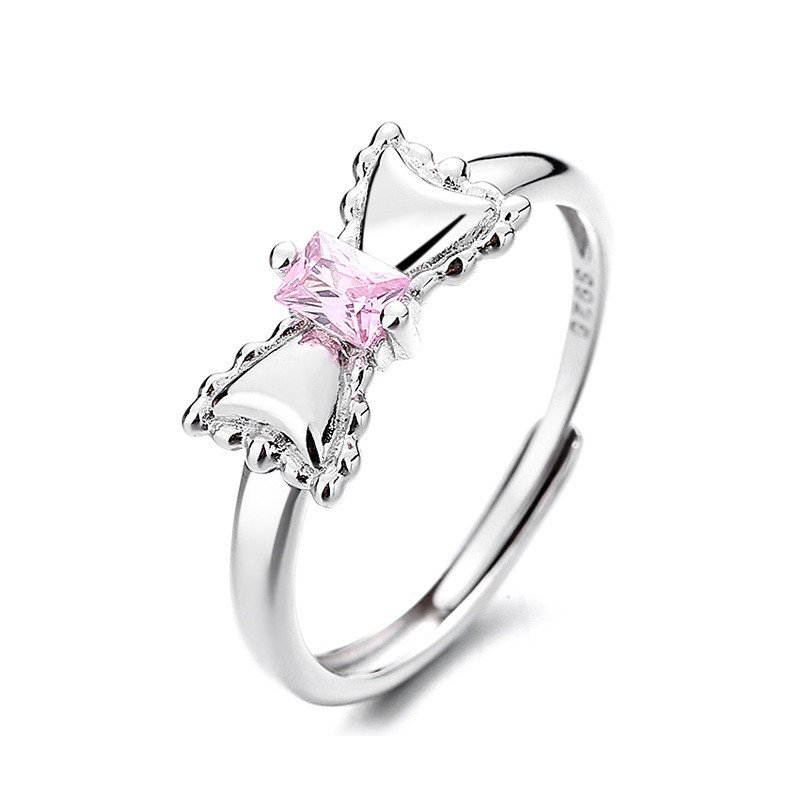 

Sweet 925 Sterling Silver Pink Bow Knot Ring For Women Elegant Adjustable CZ Zircon Geometry Bowknot Finger Rings Female Valentines Gift