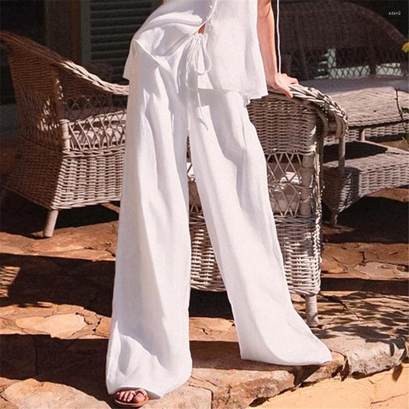 

Women' Pants 2022Women Vintage Cotton Linen Wide Leg Elastic Waist Loose Fit Capris Homewear, White