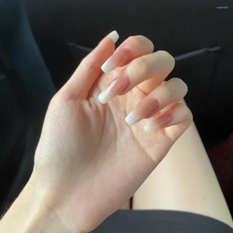 

False Nails Pink White Gradient Artificial With Adhesive Wearable Long Coffin Press On Ballerina Nail Full Cover Tips, Jelly glue model