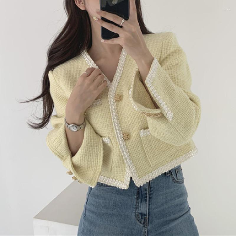 

Women' Jackets Autumn Vintage Tweed Jacket Women Full Sleeve V-neck Small Fragrance Style Single Breasted Korean Short Coat Ladies Elegant, Black