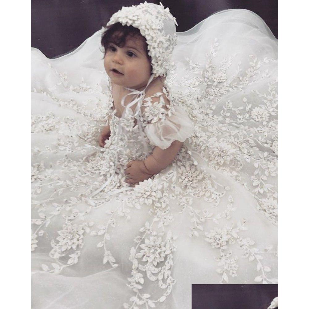 

First Communion Dresses 3D Flower Appliques Baby Christening Gowns Capped Sleeves Baptism Wear Bead Formal Infant Dress With Bonnet Dheud, Ivory