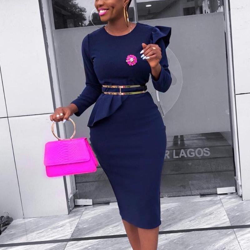 

Casual Dresses Elegant Office Ladies Dark Blue Round Neck Bodycon High Waisted Mid Calf Formal Business Work Wear Dress Midi Clothes OL, Office dress
