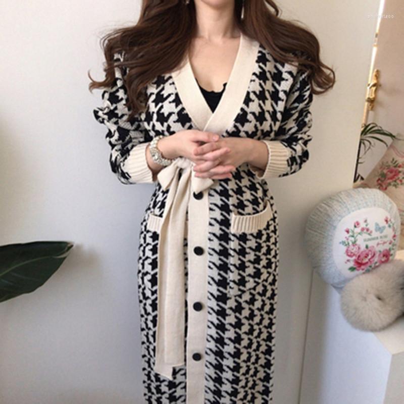 

Women's Trench Coats Korean Luxuriy Women Houndstooth Knitting Coat Fashion V-Collar Cardigan Lace Up Casual Loose Sweater Outerwear, Picture color
