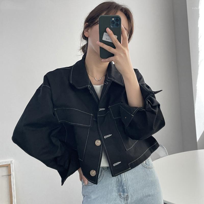 

Women's Jackets Autumn Long Sleeve Coat Women Korean Fashion 2022 Loose Turn Down Collar Solid Color Single Breasted Casual Female Short, Black