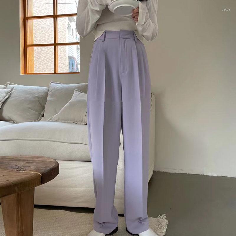 

Women' Pants Korean Chic Wide Leg Women Summer High Waist Solid Pleated Loose Office Lady Straight Casual Baggy Suit Trousers Elegant, Khaki