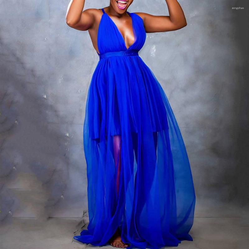 

Casual Dresses Sexy For Women Spaghetti Strap V Neck Backless High Waisted Mesh Elegant Party Birthday Wedding Wear Long Dress Vestidos, Blue dress