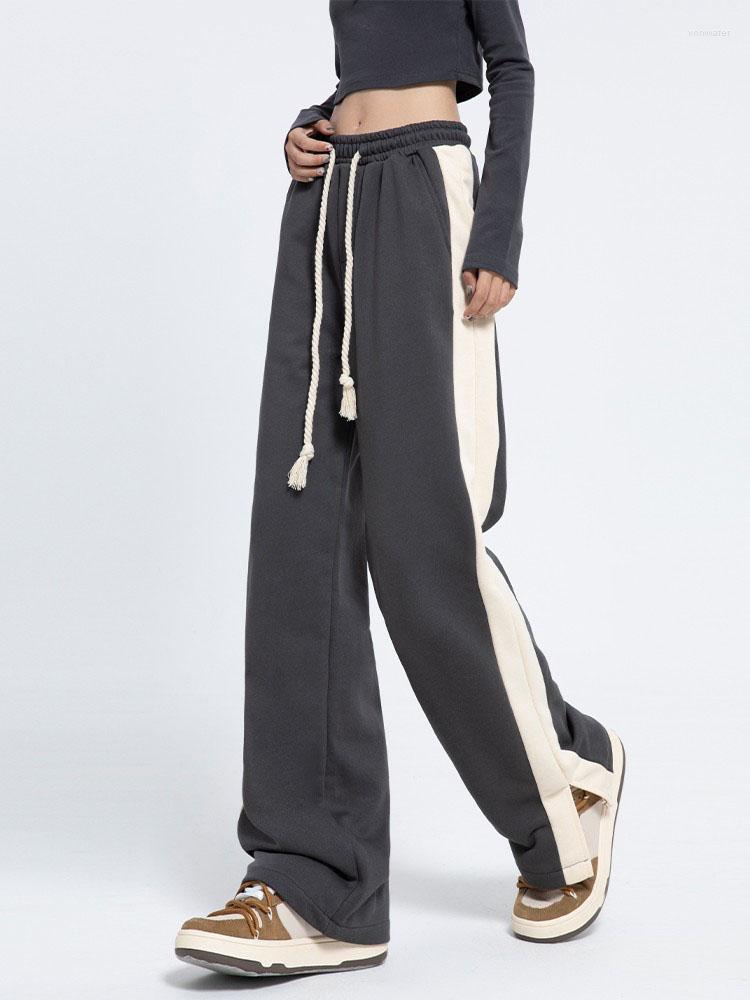 

Women' Pants 2022 Women Vintage Elastic Waist Wide Leg Straight Cylinder Joggers Trousers Contrast Color Casual Side Stripe Loose, Brown