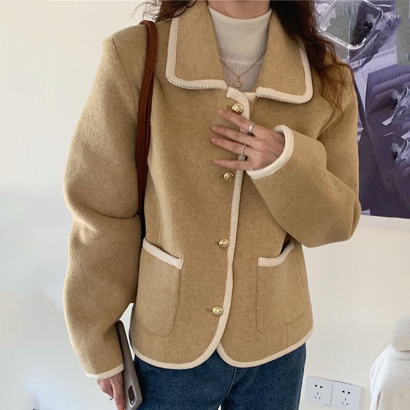 

Women's Jackets Korean Chic Woolen Coat Women Long Sleeve Single Breasted Loose Contrast Color Turn Down Collar Casual Jacket Vintage, Picture color