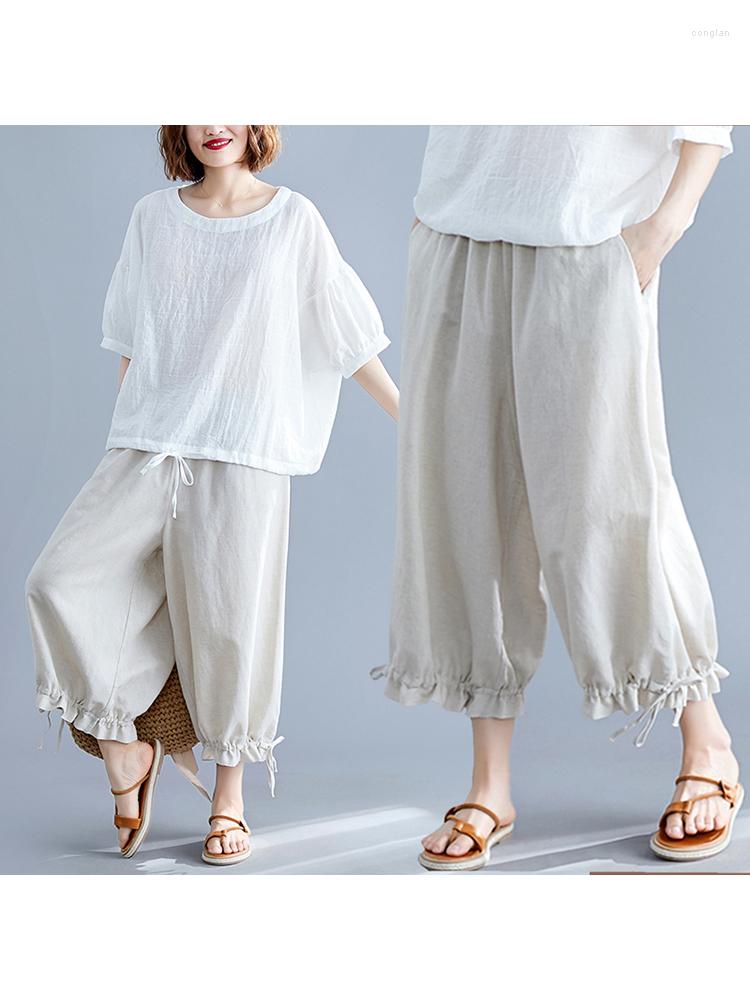 

Women's Pants Summer Fashion Womens Wide Leg Solid Color Simple Loose Casual Cotton Linen Trousers Sweet Thin Female Harajuku Clothing, Black