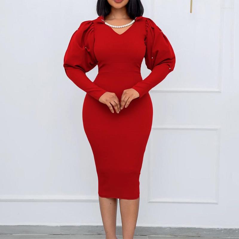 

Casual Dresses Elegant Office Ladies For Women Solid Puff Sleeve Full High Waisted Bodycon Mid Calf Formal Business Work Dress, Black dress