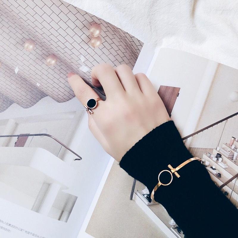 

Link Bracelets Gold Color Stainless Steel Black Circle Round Charms Bangle Fashion Adjustable For Women Jewelry