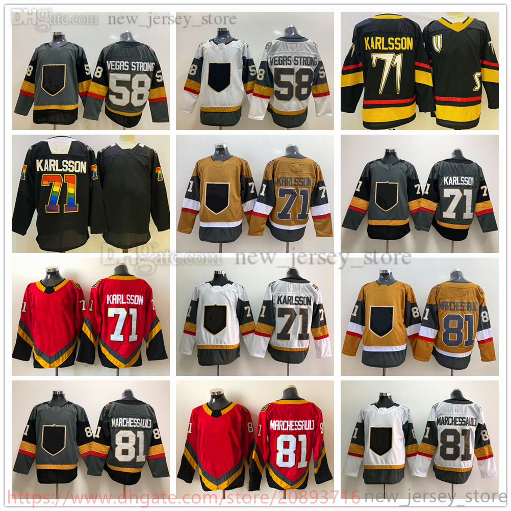 

Movie College Ice Hockey Wears Jerseys Stitched 71WilliamKarlsson 58VegasStrong 81JonathanMarchessault 88NateSchmidt men Youth women Reverse Retro Blank, As picture