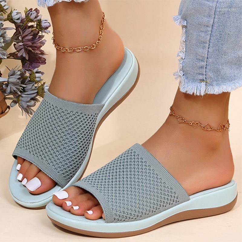 

Sandals Ladies 2022 Summer Shoes High Heels Breathable Mesh Slippers Wedge Flip-Flops, Blue