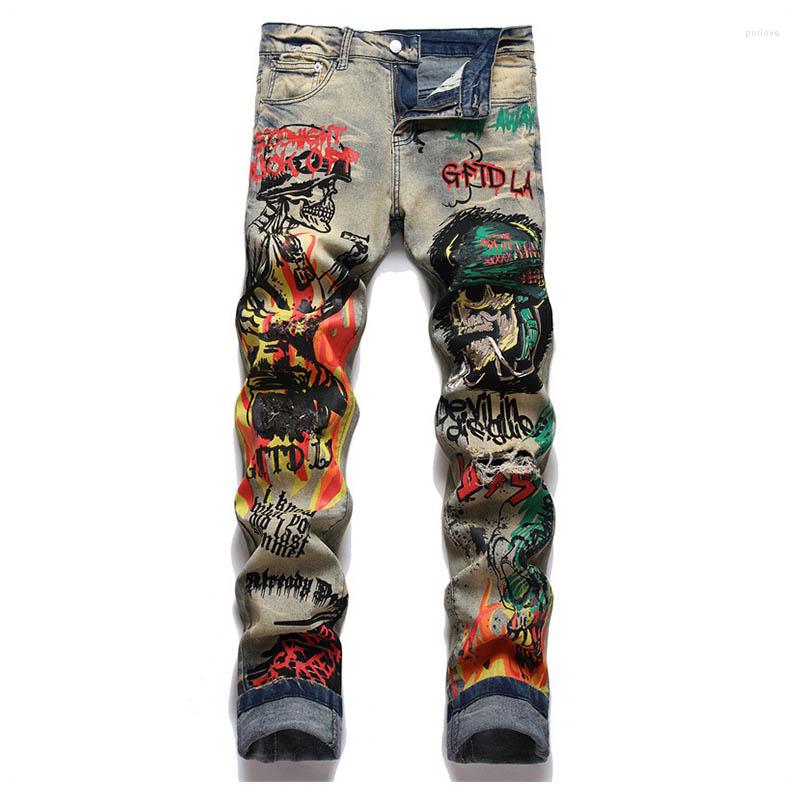 

Men's Jeans High Street Griffiti Distressed Skull Printed Pants Punk Style Slim Streetwear Denim Trousers For Male Hip Hop, Blue