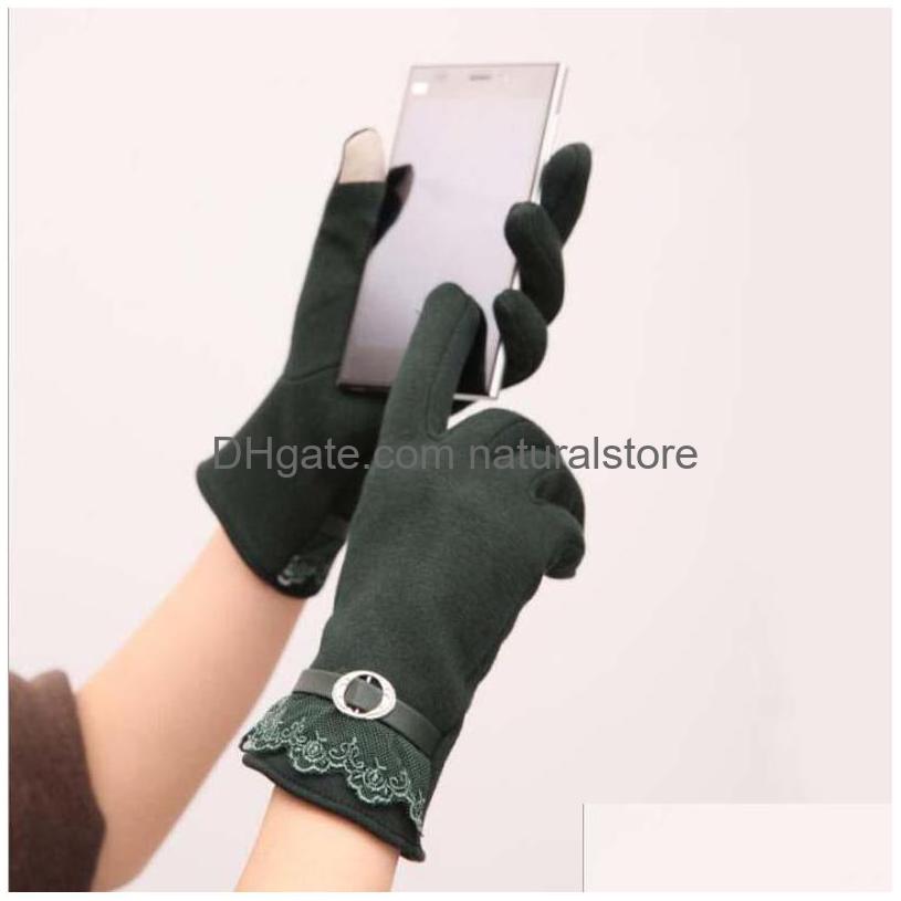 

Five Fingers Gloves 9 Colors Womens Touch Sn Ladies Winter Warm Elegant Lace Splice Riding Cashmere Mittens Drop Delivery Fashion Ac Dh8Vm