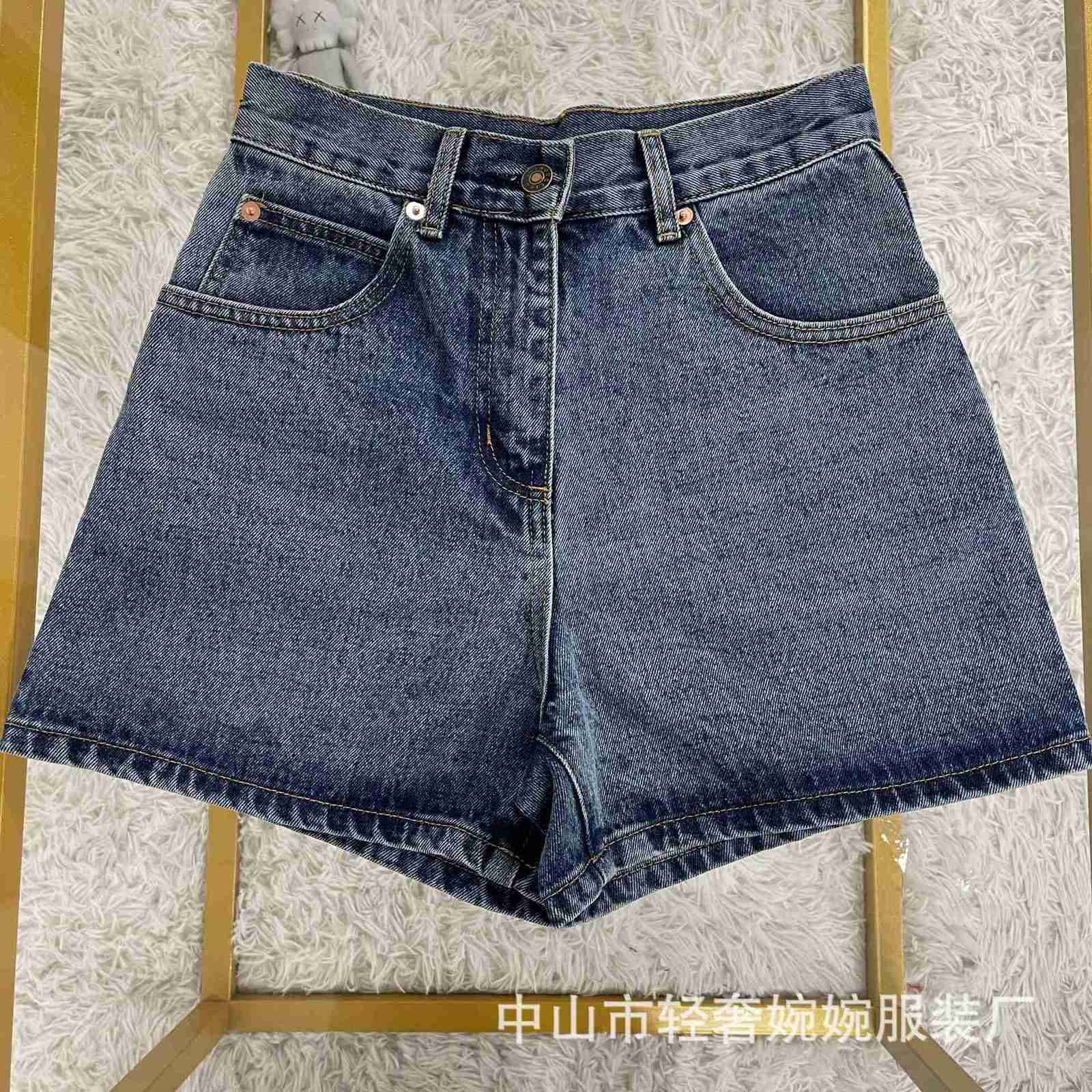 

Women' Jeans designer 22SS G early spring new double button hardware design high waist denim blue horse shorts KDEU, Deep blue