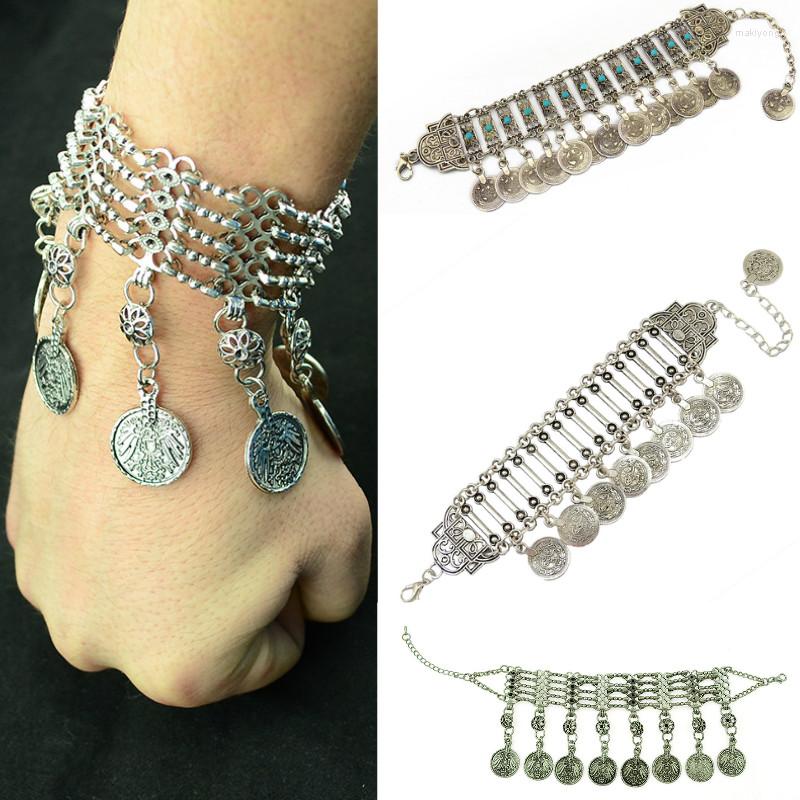 

Link Bracelets Bohemian Gold Color Metal Carving Flower Coin Bracelet Gypsy Beach Ethnic Tribal Festival Jewelry Turkish Dance Bangle