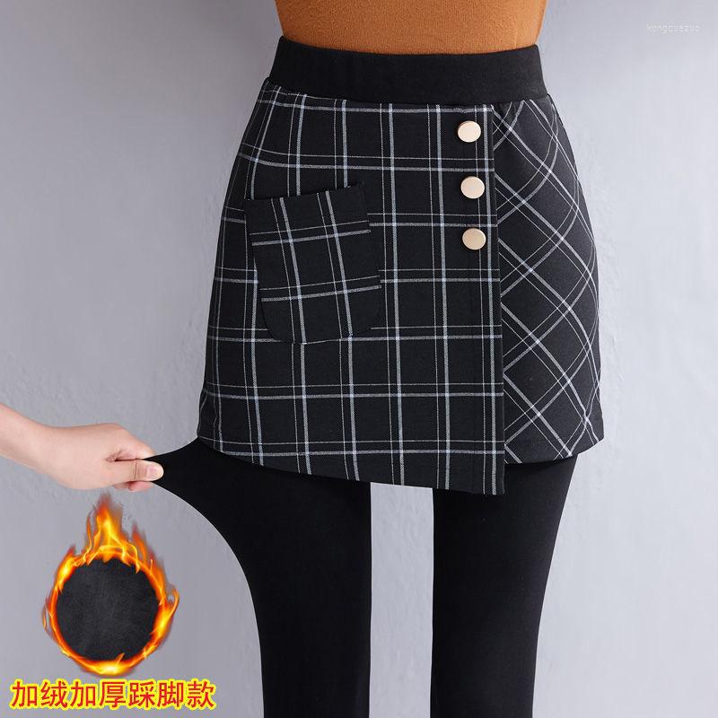 

Women' Pants 2022 Woman High Waist Culottes Fleece Skirt Winter Fake Two-Piece Leggings Outer Wear Plaid Trousers Thicken Thickening T102, Grey 06