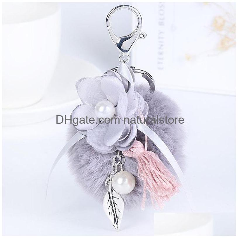 

Keychains Lanyards Tassel Pearl Flower Ball Pompom Keychain Car Keyring Rabbit Fur Brand Pompons Bag Charms With Chains Drop Deliv Dhky0
