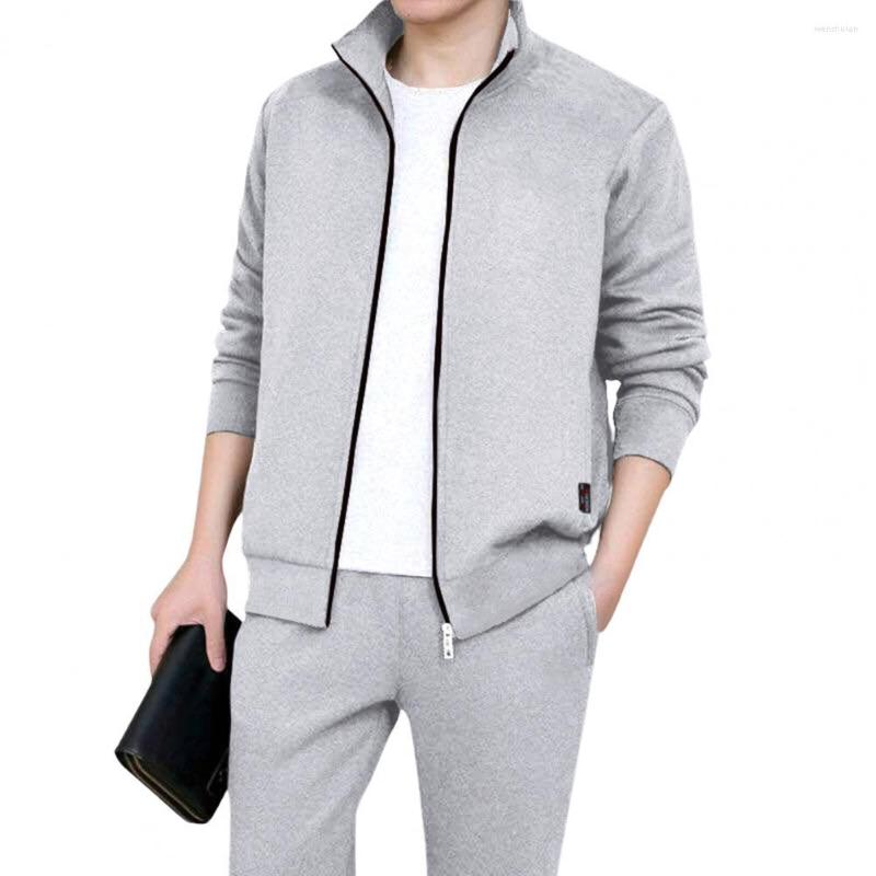 

Gym Clothing 1 Set Coat Trousers Stylish Activewear Pockets Ribbed Cuff Drawstring Pants For Daily Wear Men Outfit Two Piece, Black