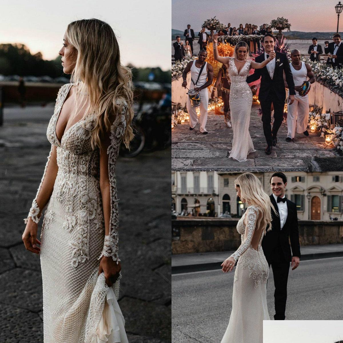 

Mermaid Wedding Dresses 2021 V Neck Long Sleeves Lace Appliques Bridal Gowns Custom Made Backless Sweep Train Beach Robe De Soiree D Dhdxg, Pink