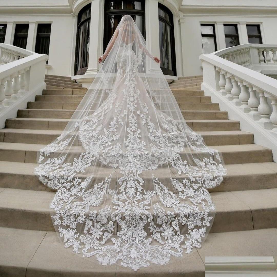 

Bridal Veils Fashion Wedding Long Cathedral Length One Layer Lace Appliqued Edge Tle Veil For Women Hair Accessories Drop Delivery P Dh04C, White