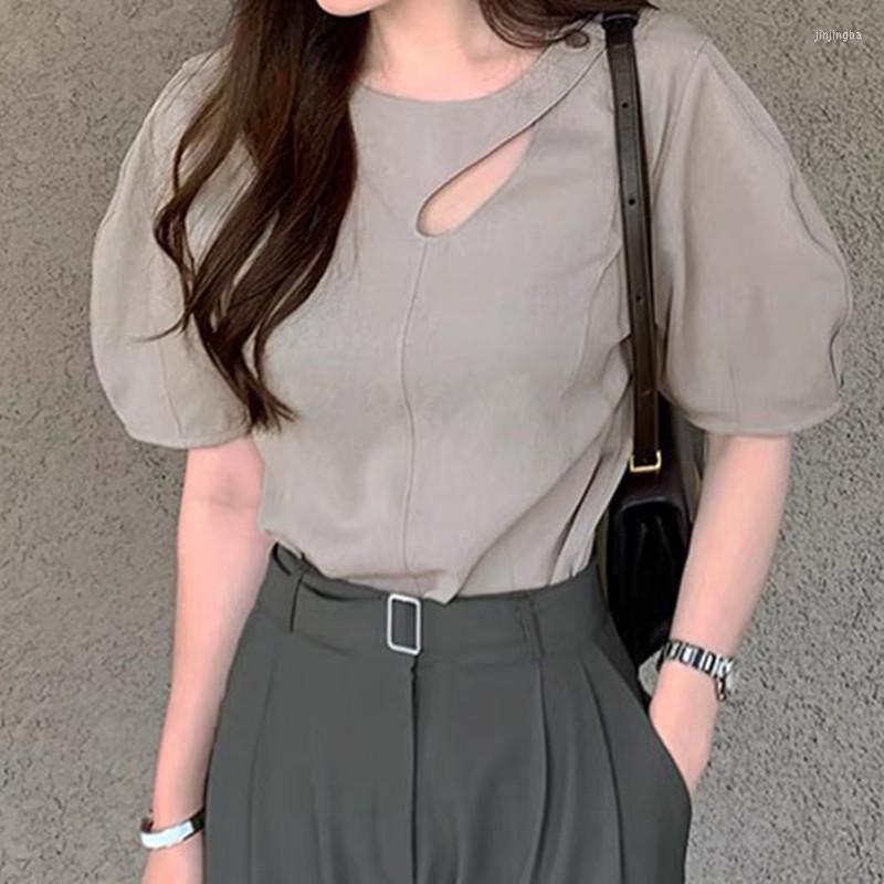 

Women's Blouses Women Summer Vintage Korean Style Chic Puff Sleeve Hollow Out O-neck Solid Color Casual Shirt Elegant Blusas Mujer, Gray