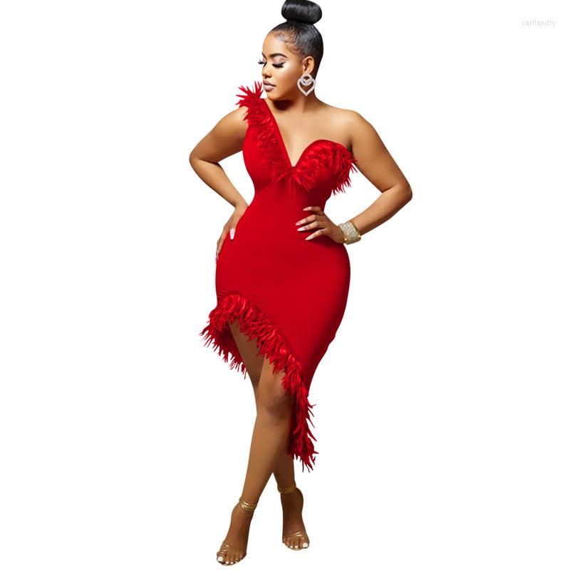 

Casual Dresses #6074 Sleeveless Strapless Midi Dress Women Asymmetrical Party Evening Feather Backless Bodycon Solid Color, Orange
