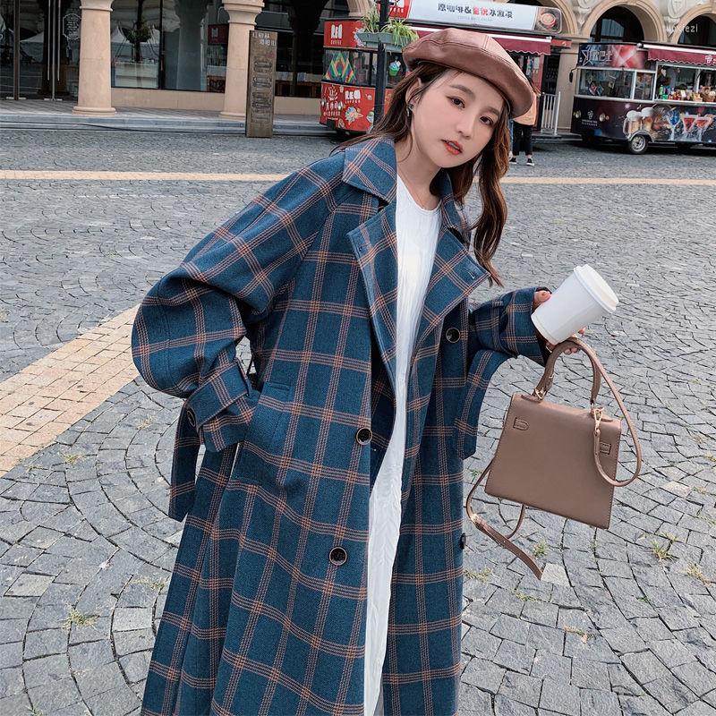 

Women' Trench Coats M GIRLS Autumn Winter Women Fashion Long Vintage Plaid Female Loose Windbreaker Street Lady Korean Jackets Outwears, Blue