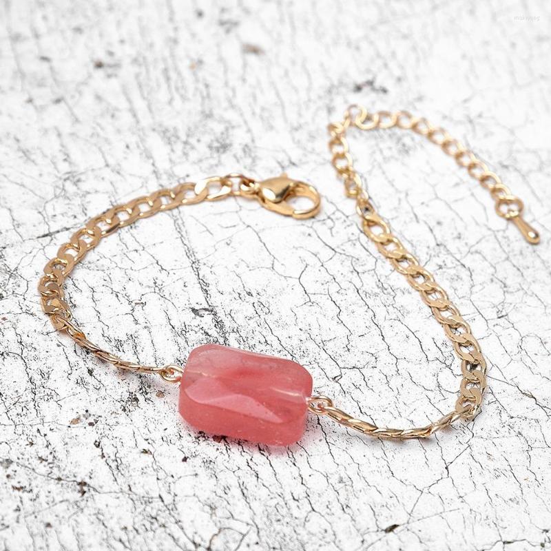 

Link Bracelets Pink Natural Stone Charm Bracelet Fashion Zinc Alloy Gold Color Hand Chain Bangles Handmade Jewelry Wholesale