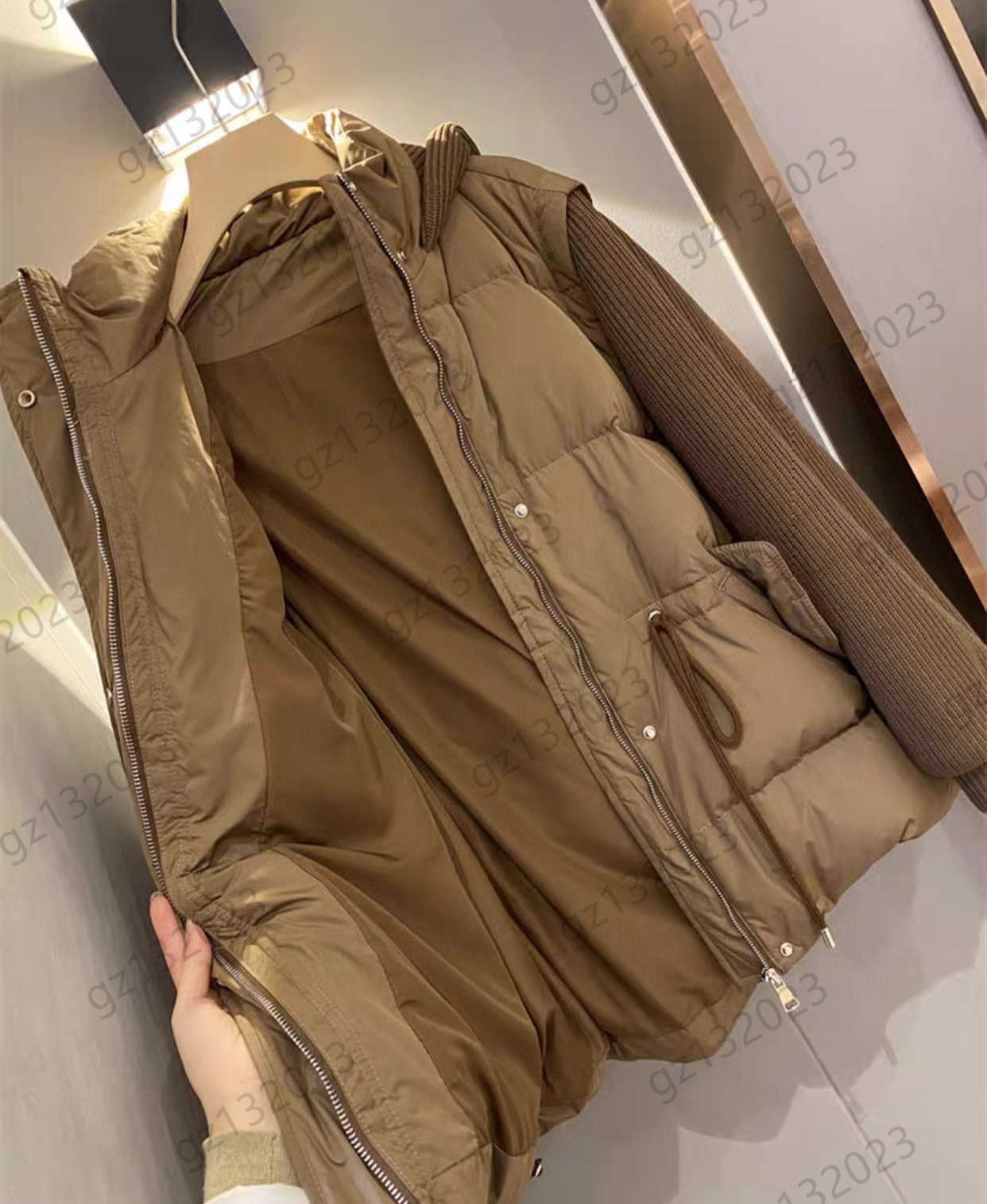 

Puffer Coat Womens Down Parkas Fake Two Pieces Spliced Loose Fashion Hooded Winter Coats Waist Drawstring Design Stand Collar Zipper Flap Warm Jacket Women Tops, 11
