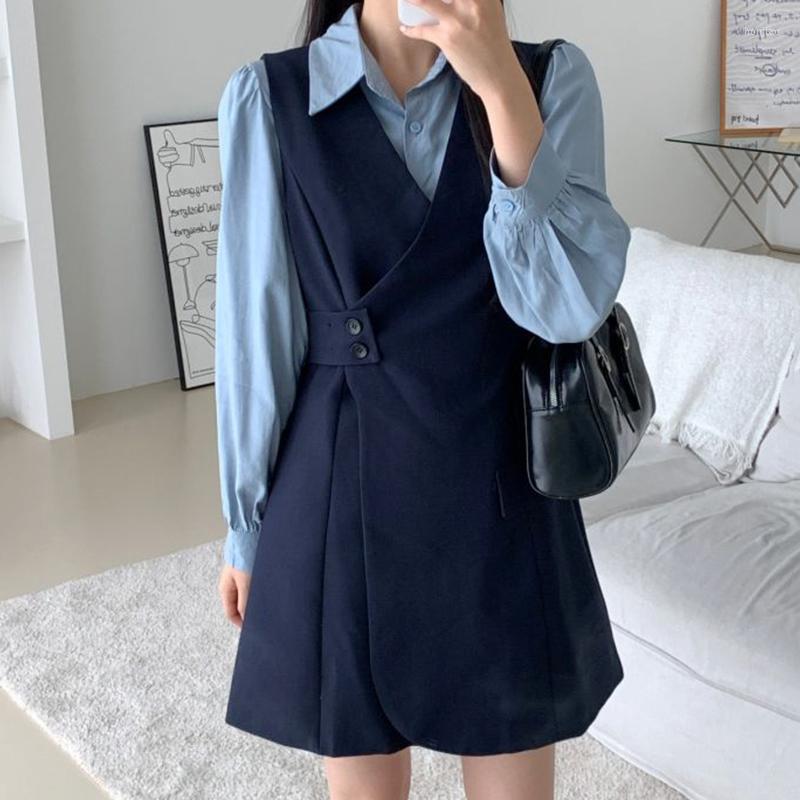 

Work Dresses Korean Fashion Dress Sets Vintage Two Piece Set Women Long Sleeve Shirt Blouses Vest Tunic Mini Elegant 2 Outfits, Picture color shirt