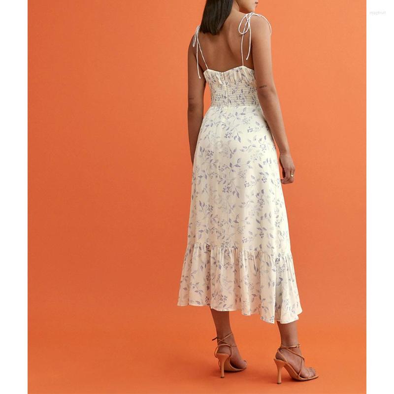 

Casual Dresses Summer For Women 2022 Party Elegant Vintage Print Ruffle Hem Midi Frilled V Neck Sleeveless Spaghetti Strap, Dc3424
