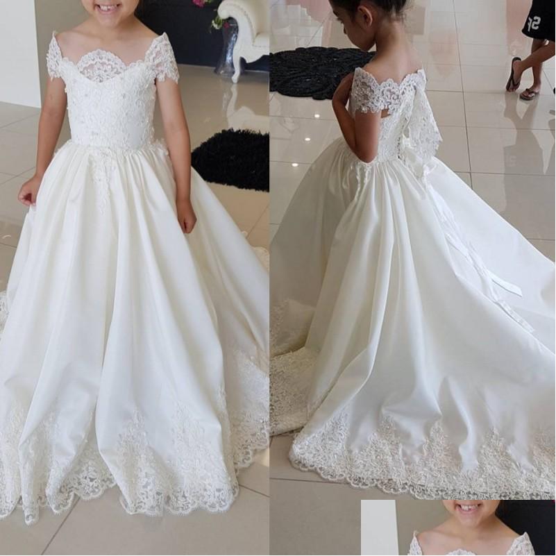 

Flower Girls' Dresses Lace Girls Off The Shoder Kids Pageant Wear For Wedding Little Bride Princess Gowns With Train Drop Delivery P Dhov6, Light yellow