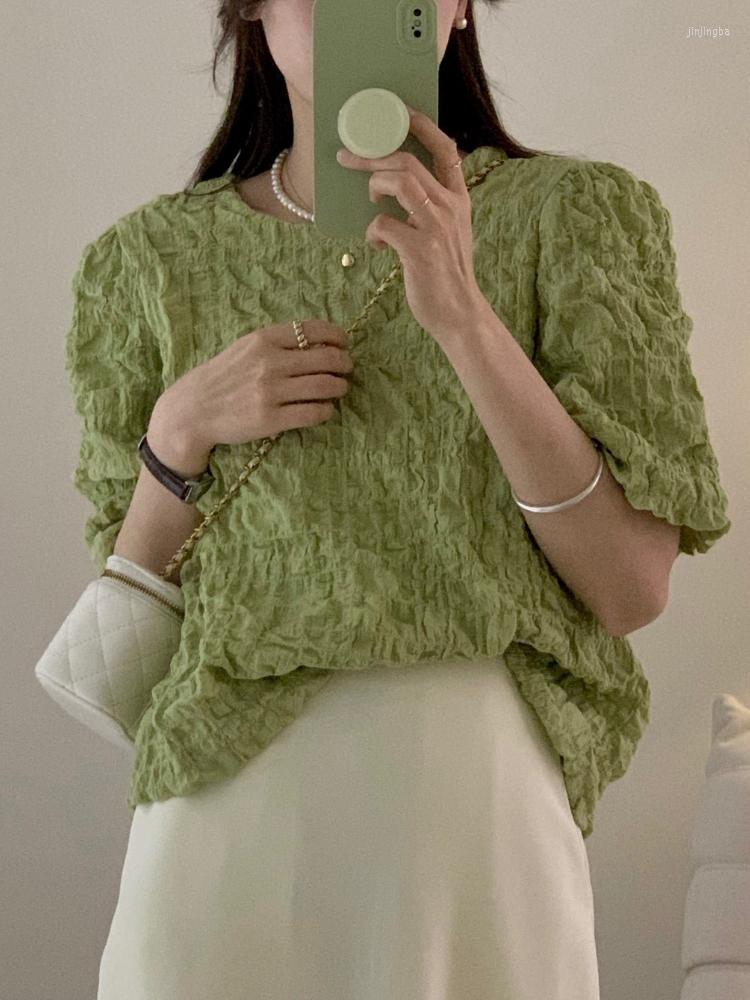 

Women's Blouses Summer Vintage Puff Sleeve Tops Women 2022 Korean Style Loose O-neck Pullovers Short Chiffon Shirt Elegant Blusas Mujer, Green