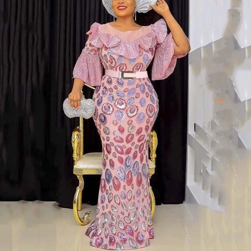 

Casual Dresses Sequined Luxury Dress Long Mermaid Bodycon High Waisted Flare Sleeve Floor Length Elegant Christmas Birthday Party Vestidos, Pink dress