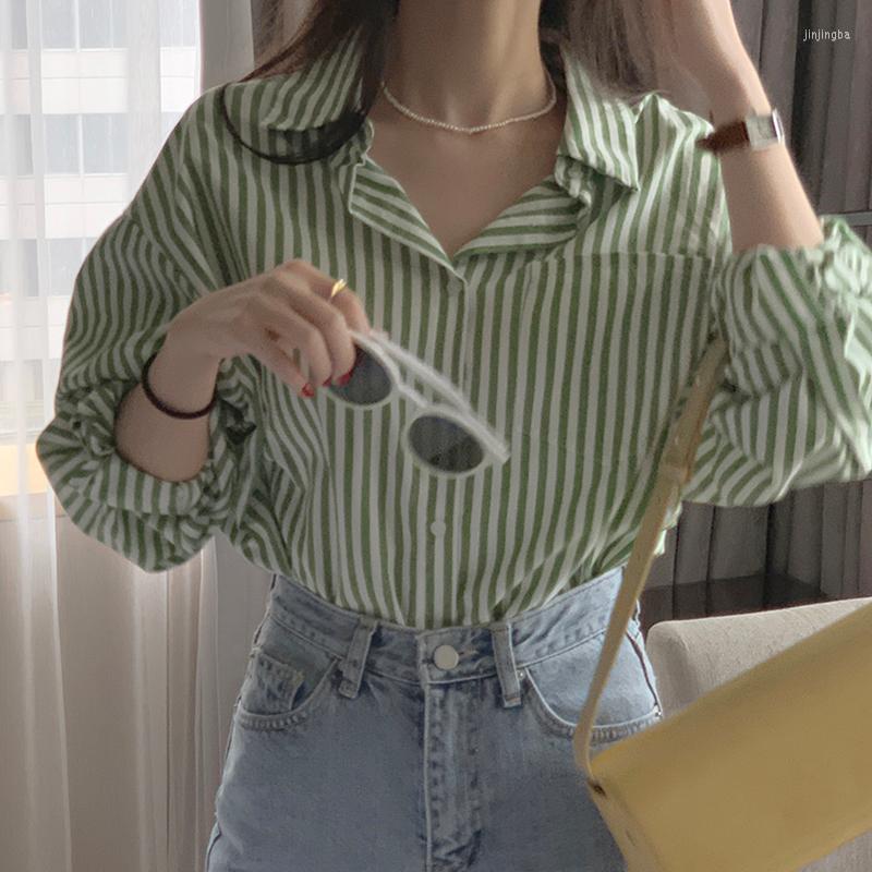 

Women's Blouses Autumn Winter Women Striped Shirt Long Sleeve Turn Down Collar Single Breasted Vintage Slim Casual Blusas Mujer 2022, Picture color