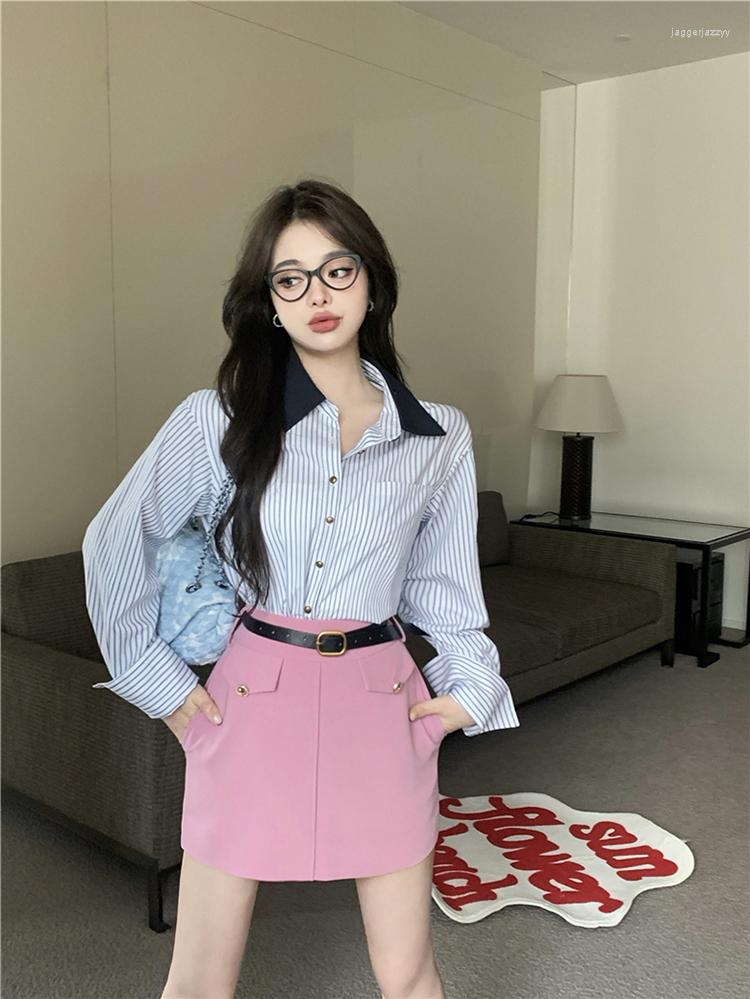 

Women's T Shirts GWW1731 2022 Suit Double Breasted Sweet And Cool Girl Coat Striped Shirt Pink Skirt For Women In Autumn, Black