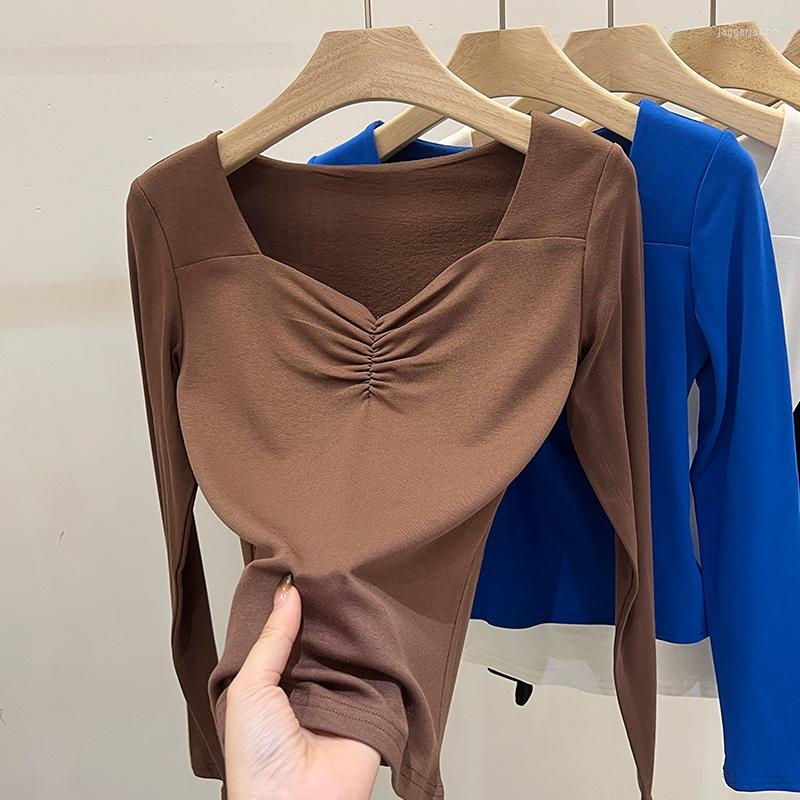 

Women' T Shirts Chic Folds V-neck Women Shirt 2023 Spring Autumn Long Sleeve Slim T-shirts Solid Color Casual Winter Female Base, Black