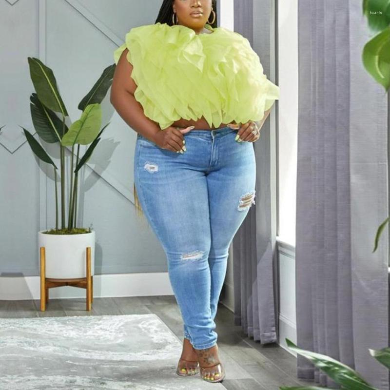 

Women's T Shirts 4XL 5XL Size Blouse & For Women Ruffles Solid Round Neck Short Sleeve Loose Fashion High Street Wear Tops 2022 Summer, White tops