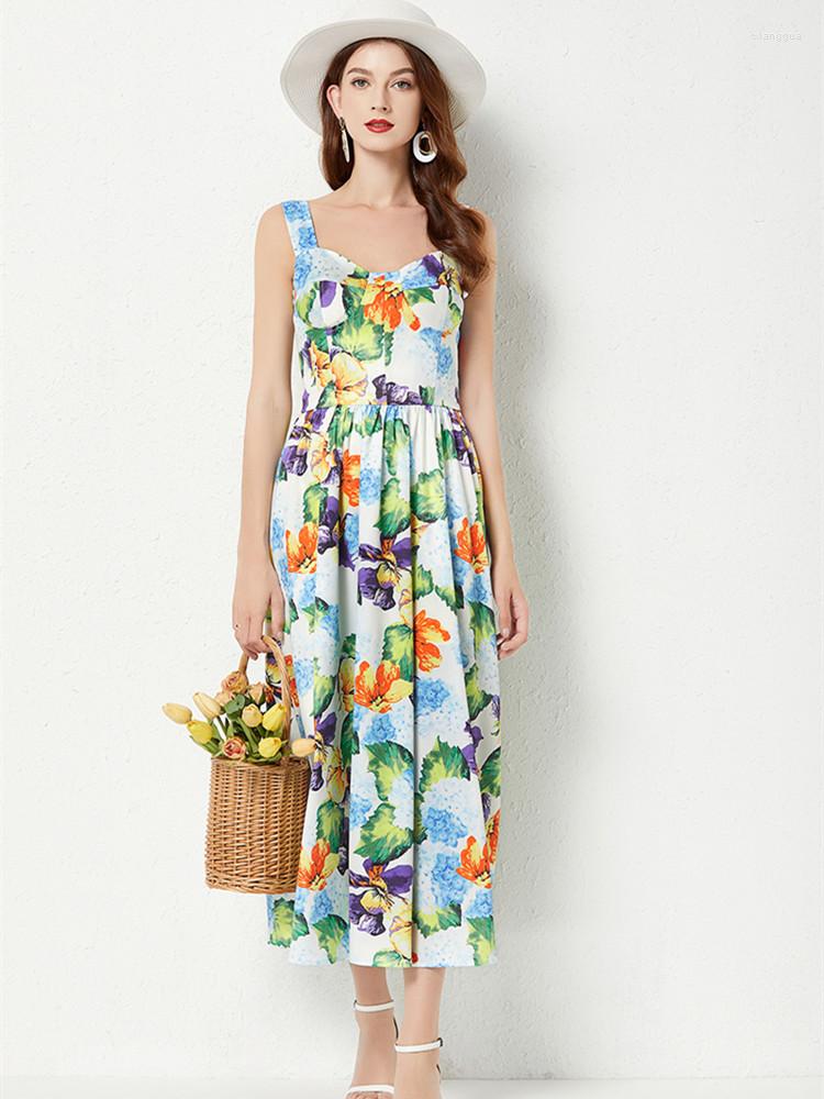 

Casual Dresses Sexy Spaghetti Strap Beach Midi Dress Women Arrival Fashion V-Neck Hydrangea Flower Print Summer Holiday Robes, Picture color