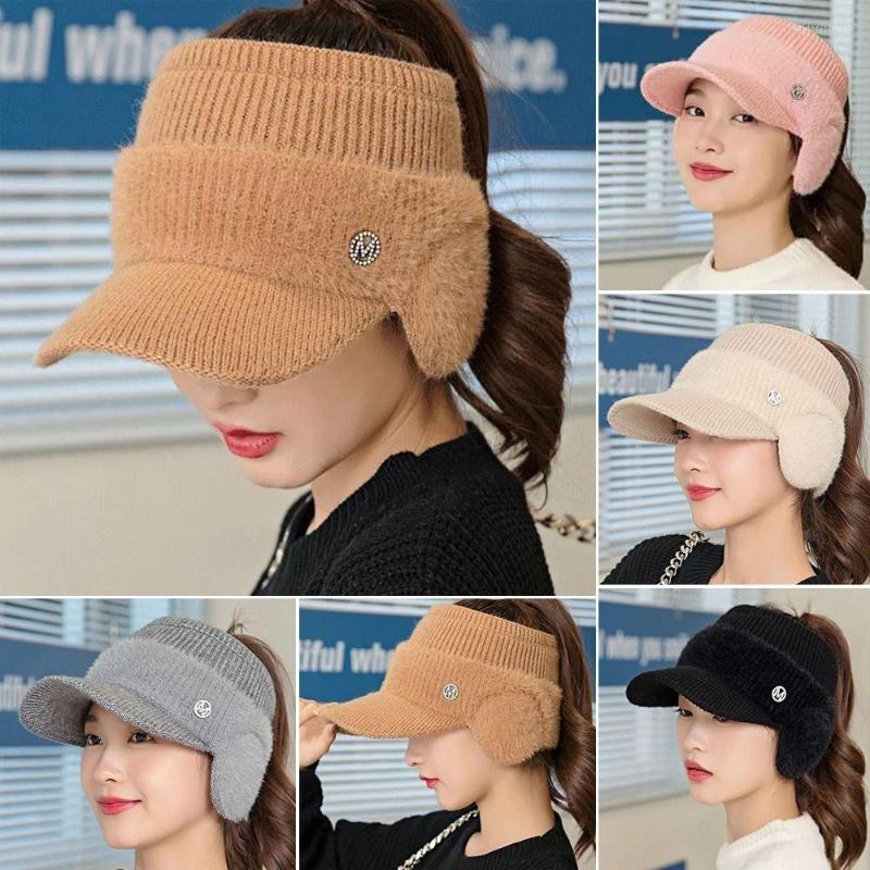 

Visors Women Autumn Winter Knitted Outdoor Ear Protection Hat Empty Top Cap Warm Cold-proof, Pink