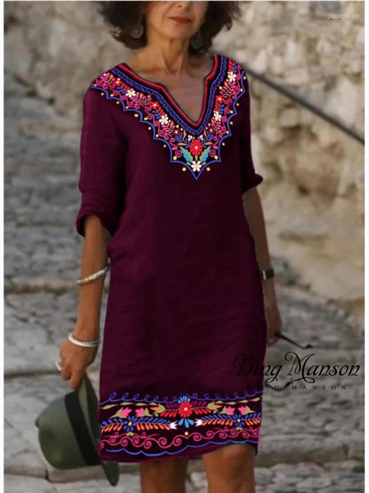 

Casual Dresses 2022 Ethnic Style Dress Women' Long Sleeve V-neck Printed Autumn And Winter Pullover Party Women, Purple