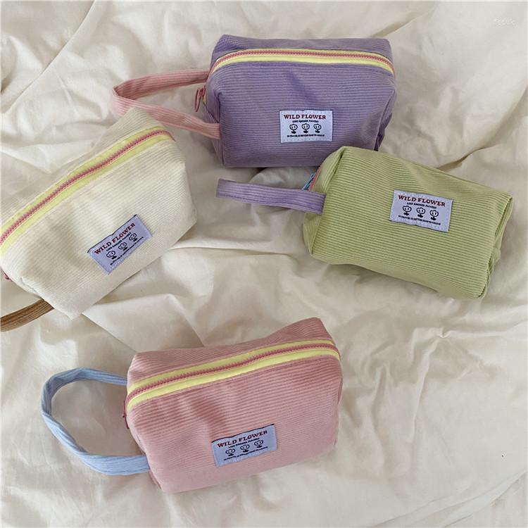 

Cosmetic Bags Women Corduroy Color Contrast Lipsticks Bag Korean Student Pencil Case Travel Makeup Brushes Neceser Organizer, Green purple