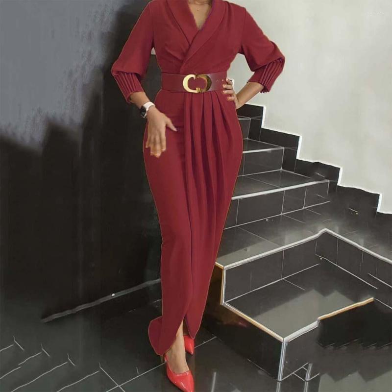 

Casual Dresses Elegant Long For Women V Neck High Waisted Solid Ankle Length Fashion Evening Night Party Club Vestidos Mujer Dress, Burgundy dress