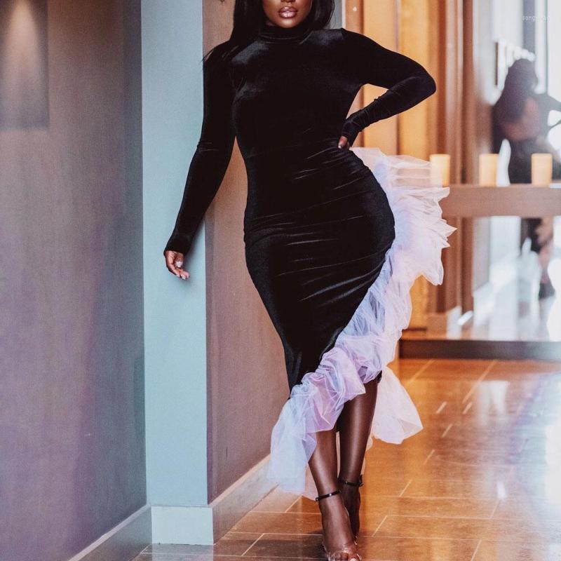 

Casual Dresses Vintage Black Backless Women Asymmetrical Mesh Long Sleeve Autumn Winter Evening Night Club Robe Vestidos Dress, Black dress