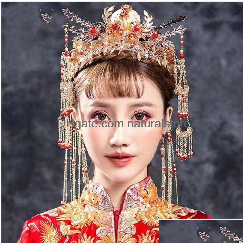 

Wedding Hair Jewelry Vintage Chinese Bride Headdress Women Costume Headwear Earing Set Pography Accessories Retro Queen Tassel Tiara Dhjps