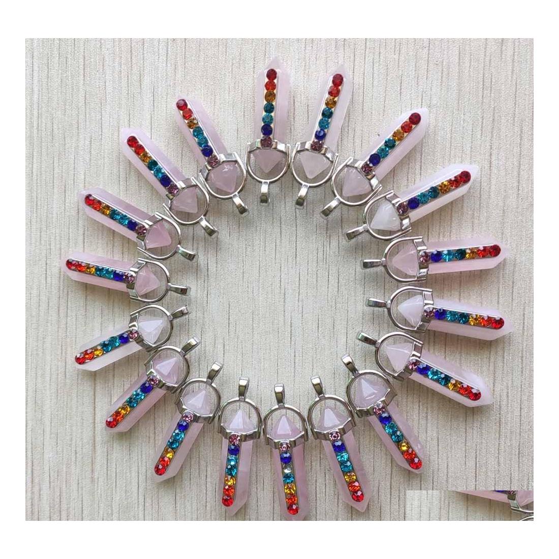 

Charms Natural Pink Roses Quartz Stone 7 Color Chakra Reiki Pillar Pendum Pendants For Necklace Jewelry Making Drop Delivery Finding Dhom0